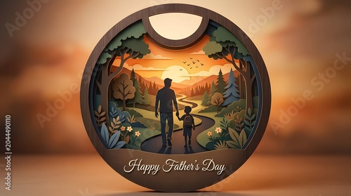 Father and child walking towards sunset landscape