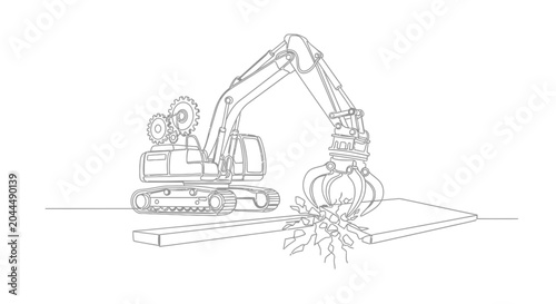 Bild auf Leinwand Excavator with Claw Demolishing Concrete Slab - Line Art