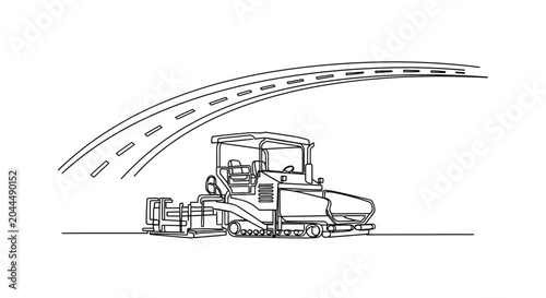Tableau sur toile Asphalt Paver Machine Working on Road Construction Site, Line Art Illustration