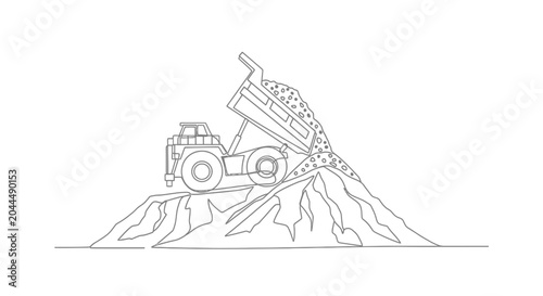 Foto Dump Truck Unloading Gravel on Construction Site - Line Art Illustration