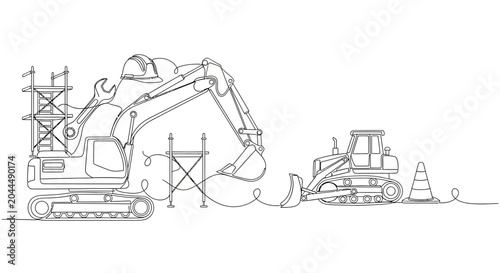 Canvas-taulu Construction site with excavator and bulldozer, line art, white background