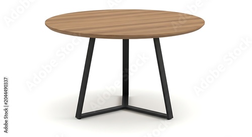 Minimalist round wooden table with black metal tripod legs