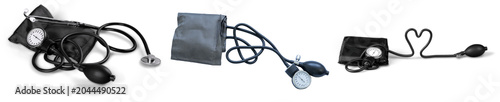 Foto Three medical blood pressure monitors and a stethoscope, isolated on transparent