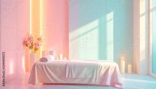 Serene Pastel Spa Massage Table Arranged with Candles and Flowers in Sunlit Treatment Room