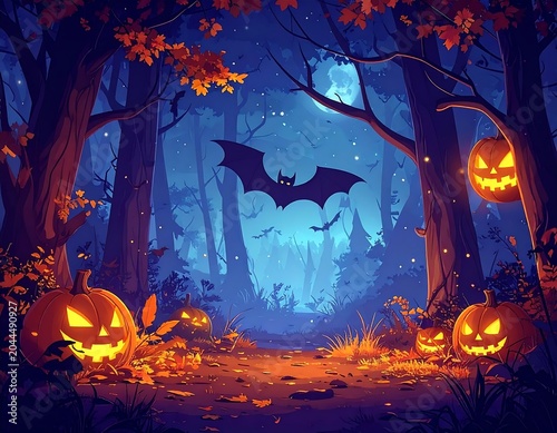 A spooky forest scene with jack-o-lanterns and a bat at night