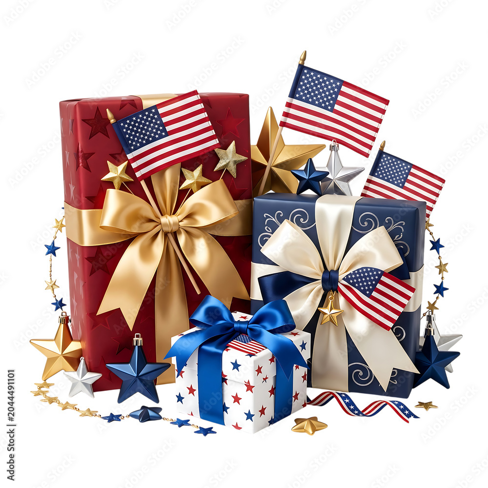Obraz premium Patriotic gift boxes with american flags and stars on transparent background