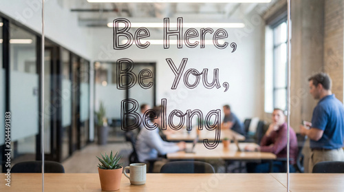 Inclusive office workplace with be here, be you, belong message on glass, fostering diversity and welcoming environment