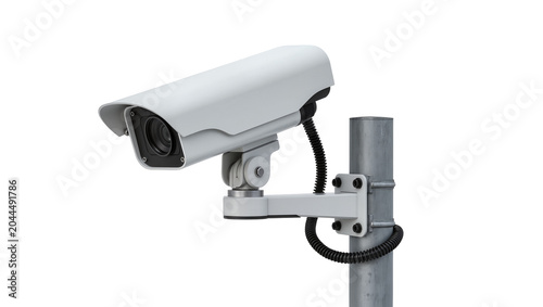 White security camera mounted on metal pole with black cable