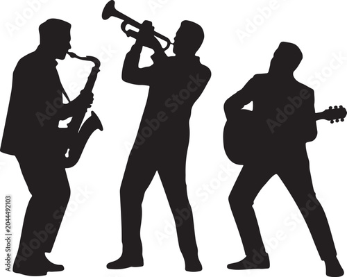 Silhouette of a jazz band with a saxophone player, a trumpet player, and a guitar player performing music