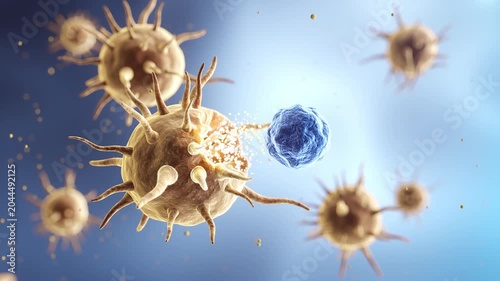 Microscopic view of Microglia immune defense, attacking and destroying virus particles in neural tissue.