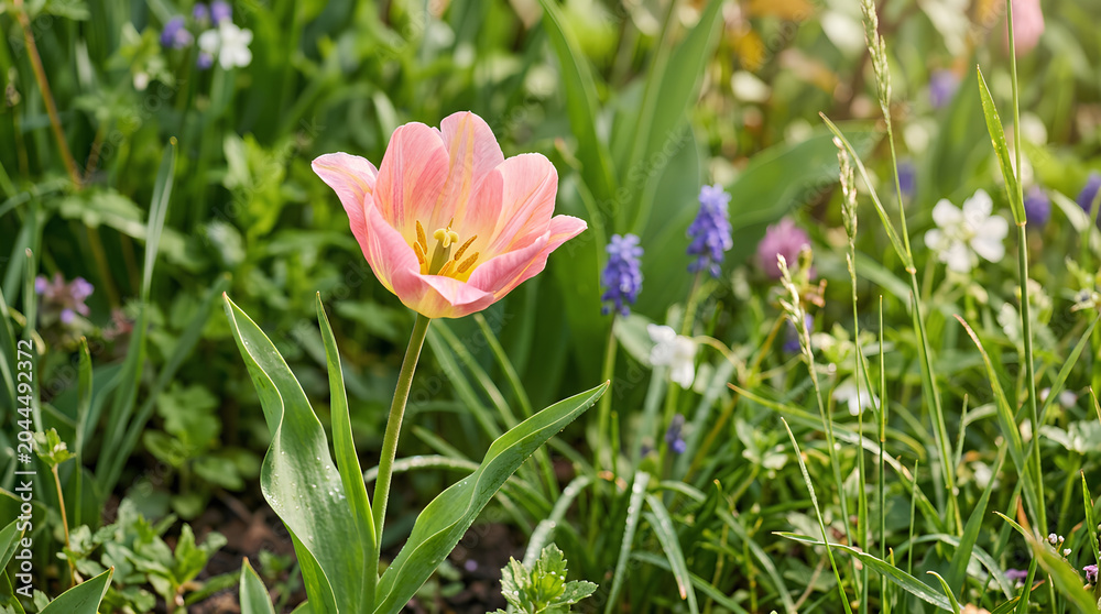 Obraz premium A beautiful pink tulip stands out in a vibrant garden scene.