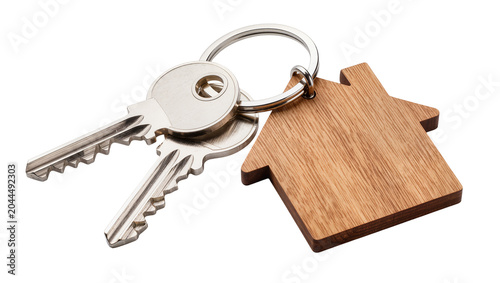 House shaped wooden keychain with two metal keys