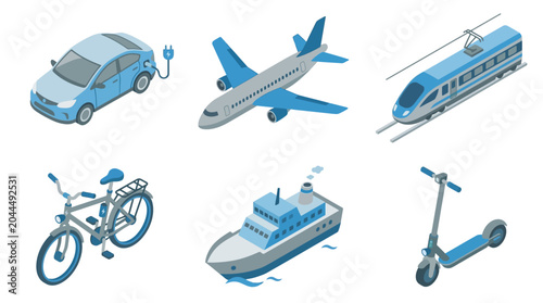 Transportation and Travel Icon Set Vector Illustration with Plane Airplane Car Train Ship Boat Helicopter Truck Aircraft Airport Flight Icons Set