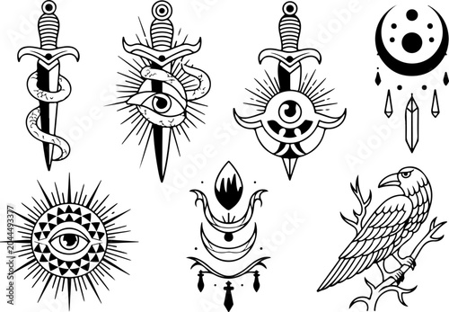 Mystical Tattoo Symbols Collection – Celestial Eyes, Moon, Sword, Moth & Sacred Sigils