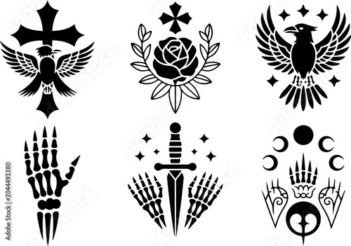Mystical Tattoo Symbols Collection – Celestial Eyes, Moon, Sword, Moth & Sacred Sigils