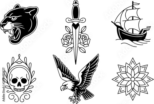 Mystical Tattoo Symbols Collection – Celestial Eyes, Moon, Sword, Moth & Sacred Sigils