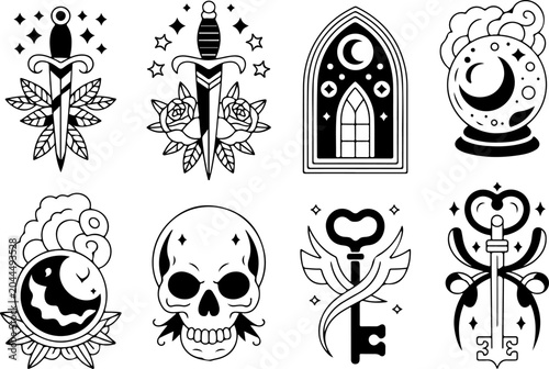 Mystical Tattoo Symbols Collection – Celestial Eyes, Moon, Sword, Moth & Sacred Sigils