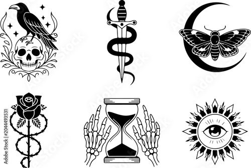 Mystical Tattoo Symbols Collection – Celestial Eyes, Moon, Sword, Moth & Sacred Sigils