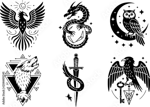 Mystical Tattoo Symbols Collection – Celestial Eyes, Moon, Sword, Moth & Sacred Sigils