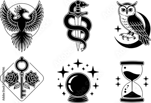 Mystical Tattoo Symbols Collection – Celestial Eyes, Moon, Sword, Moth & Sacred Sigils
