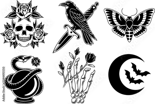 Mystical Tattoo Symbols Collection – Celestial Eyes, Moon, Sword, Moth & Sacred Sigils