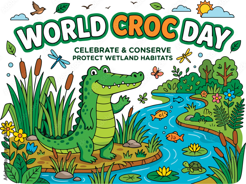 Obraz premium World Croc Day flat vector illustration featuring a crocodile resting near a riverbank