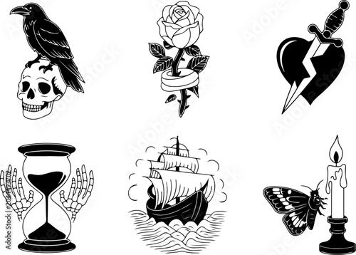 Mystical Tattoo Symbols Collection – Celestial Eyes, Moon, Sword, Moth & Sacred Sigils