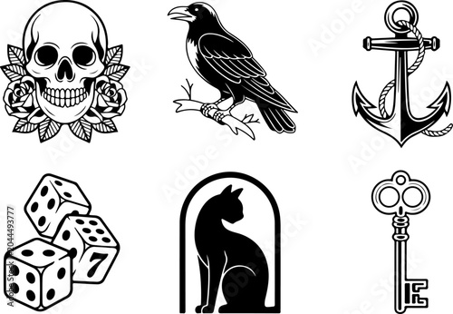 Mystical Tattoo Symbols Collection – Celestial Eyes, Moon, Sword, Moth & Sacred Sigils