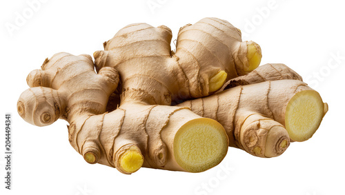 Canvastavla Raw ginger rhizomes with cut slices showing yellow flesh