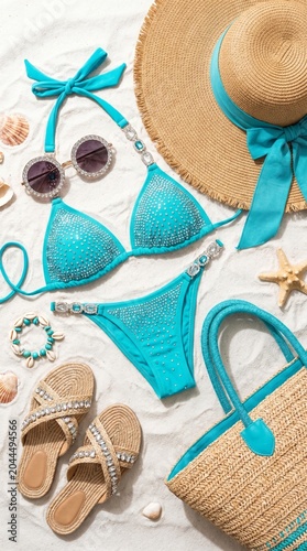 Turquoise bikini, straw hat, sunglasses, sandals and beach bag arranged on sand, summer vacation concept, fashion, tropical lifestyle.