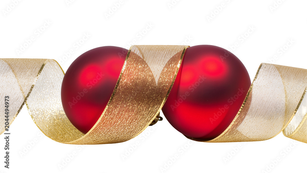 Αυτοκόλλητο Two red Christmas baubles entwined with gold ribbon