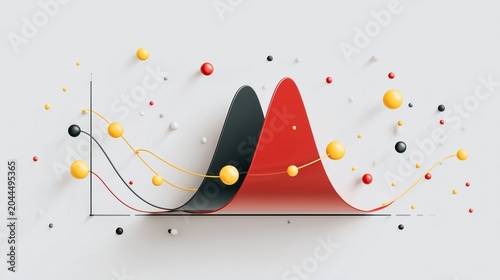 Red and black probability curve with axis and scattered particle representing bayesian analysis concept and posterior update visualization.