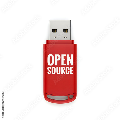 Red usb drive labeled open source for software and programming use