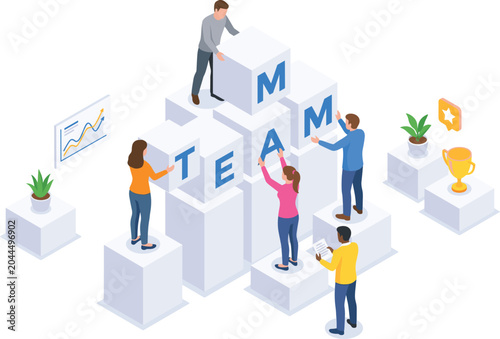 Isometric business people building word team with blue blocks corporate collaboration partnership concept for success and company growth