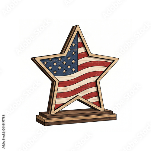 American flag wooden star trophy illustration.
Patriotic star shaped wood carving display decorated with the United States flag stars and stripes.