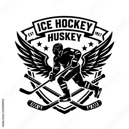 Photography Vintage Ice Hockey Huskey Team Mascot Badge with Winged Player and Crossed Stick