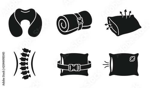 Bild auf Leinwand Travel Comfort Icons: Neck Pillow, Rolled Blanket, Inflatable Pillow, Spine Supp