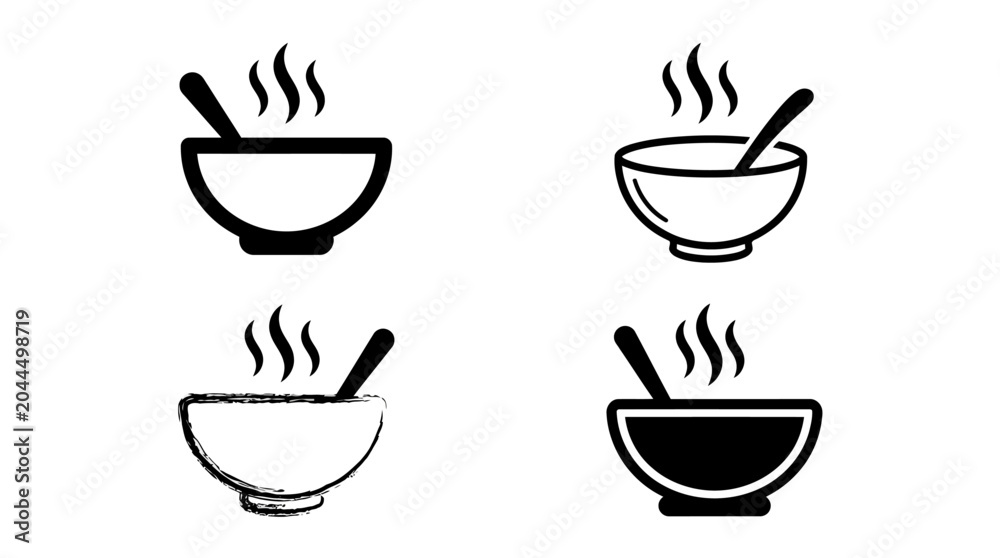 Fototapeta premium Four steaming soup bowl icons with spoons, minimalist black‑and‑white design, symbolizing warmth, food, comfort, and culinary simplicity.
