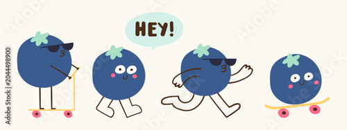 Cute blueberry characters summer activity set with funny smiling faces