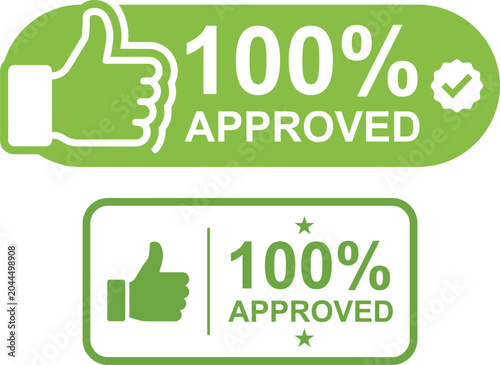 Foto 100% Approved Badges: Bold Green Thumbs-Up Seals of Trust, Quality & Satisfactio