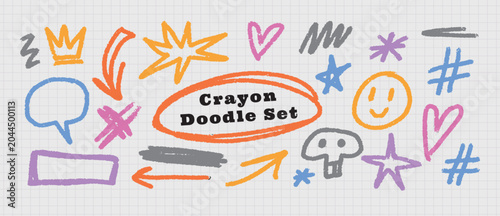 Colorful Crayon doodle set on grid paper. Crown, arrow, heart, skull, stars, hashtag signs, speech bubble, scribble marks, playful rough texture. Flat vector illustration