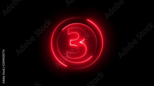 Glowing red neon countdown timer number three with circular frame on black background, number 3