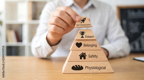 A person places the top block representing self-actualization onto a wooden pyramid illustrating Maslow's hierarchy of needs.