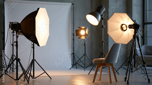Faceless professional photography studio setup with lighting equipment and backdrop, studio lighting, equipment setup, professional backdrop, studio configuration, with copy space