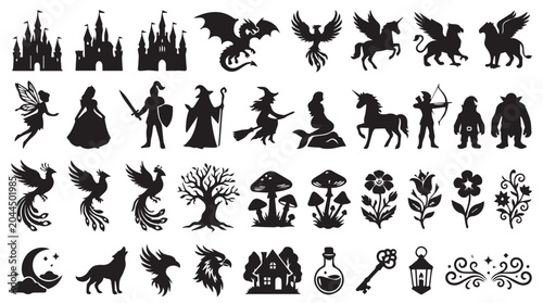 Fantasy silhouette icons set, mythical creature and fairytale character vector collection, black magic and medieval folklore symbols