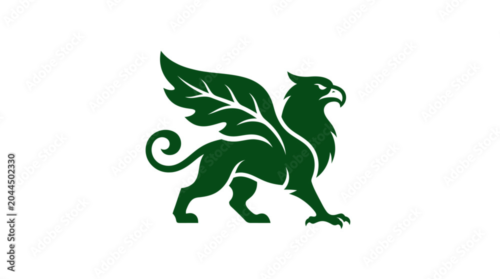 Fototapeta premium Green griffin silhouette mythical beast logo on white background.