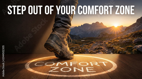 Person taking a brave step out of comfort zone onto mountain trail at sunset, seeking growth and adventure