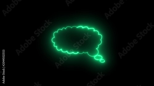 Neon green glowing thought bubble animation on black background, speech