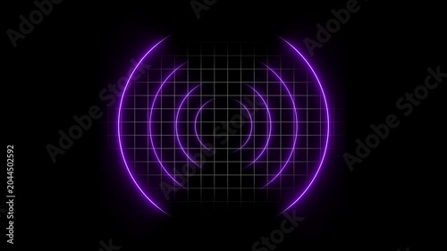 Neon purple pulsing radar grid animation, futuristic digital signal wave background, abstract blue circle