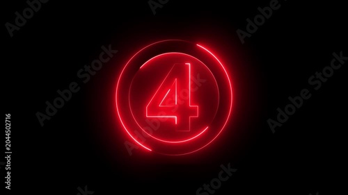 Neon red glowing number four countdown timer with circular frame on black background